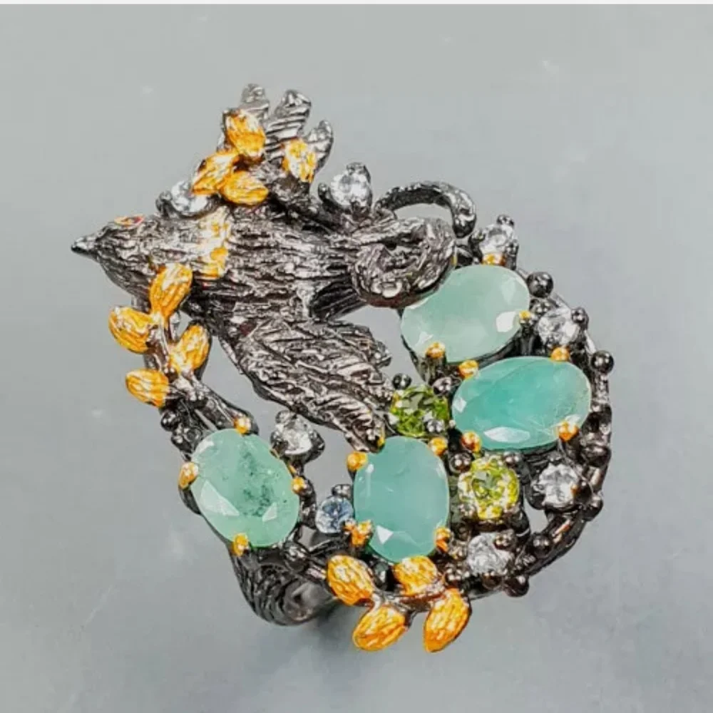 Gorgeous Sterling & Rhodium bird in a nest of Emeralds Peridot & Aquamarines - Picture 5 of 8